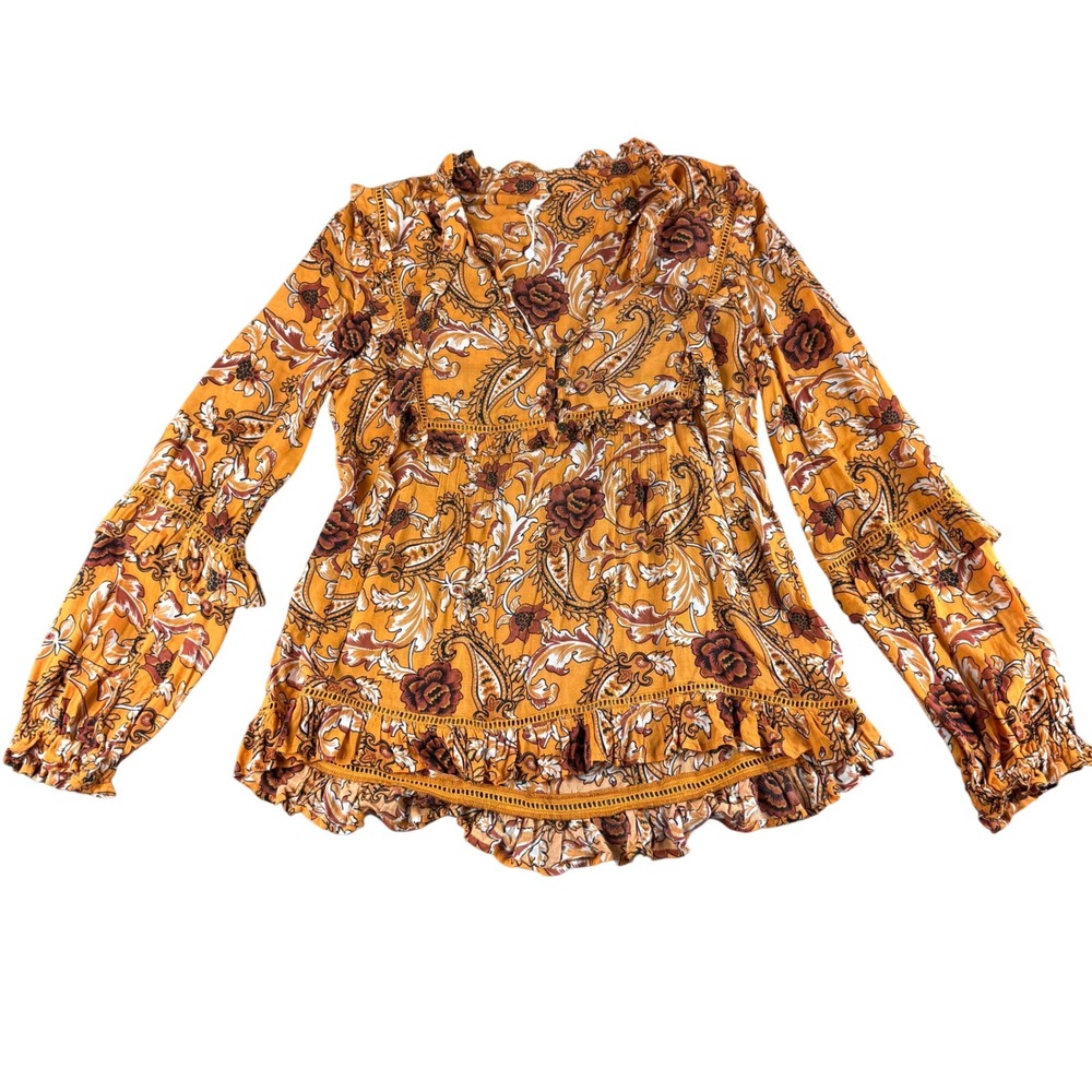 SPELL & THE GYPSY‎ Collective Mustard Yellow Paisley Ruffle Blouse Top Boho S